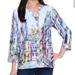 Ali Miles Mandarin Collar Tunic 3/4 Sleeve Button Front Blouse Top L City Print